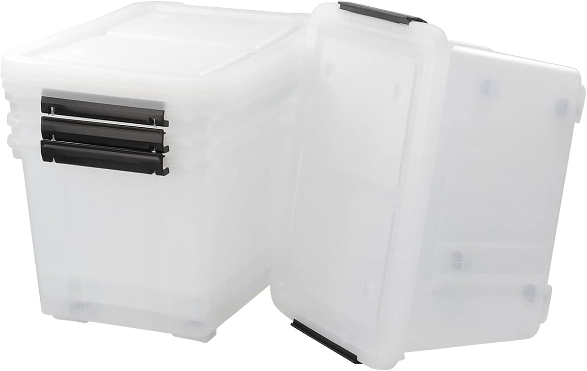 Bringer 4-Pack 30 L Clear Plastic Storage Box, Large Wheeled Storage Bin with lid