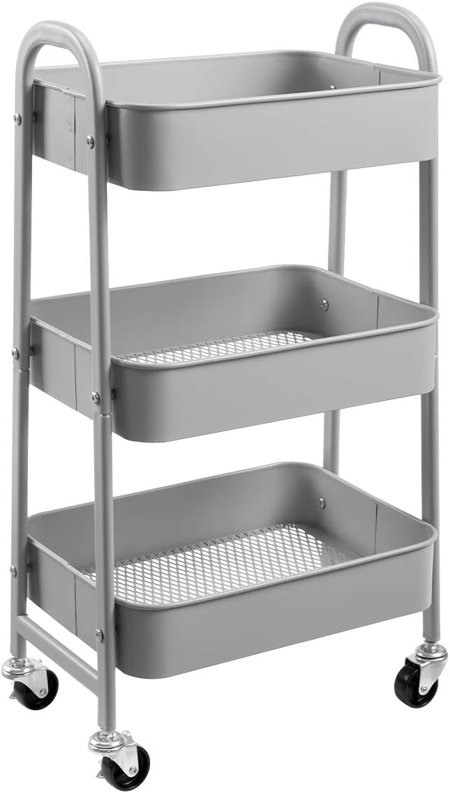 AGTEK Makeup Cart, Movable Rolling Organizer Cart, 3 Tier Metal Utility Cart, Grey