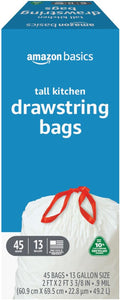 Amazon Basics 13 Gallon Tall Kitchen Drawstring Trash Bags, Unscented, 10% Post Consumer Recycled