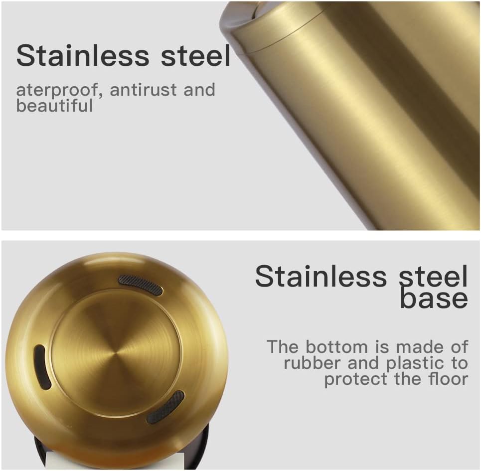 Household Swing Gold Bathroom Trash Can，Brushed Stainless Steel，10 L/3 Gallen，Garbage Can with