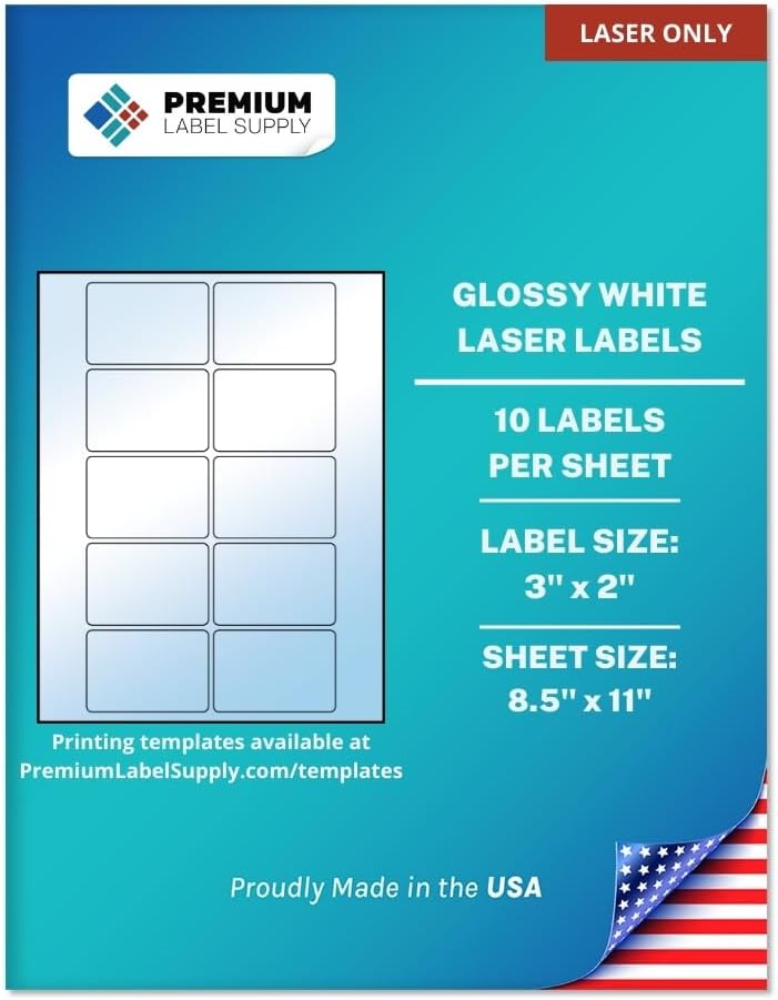 Premium Label Supply Glossy White Sticker Labels – 3" x 2" – (10 per Sheet) (Glossy White for Laser