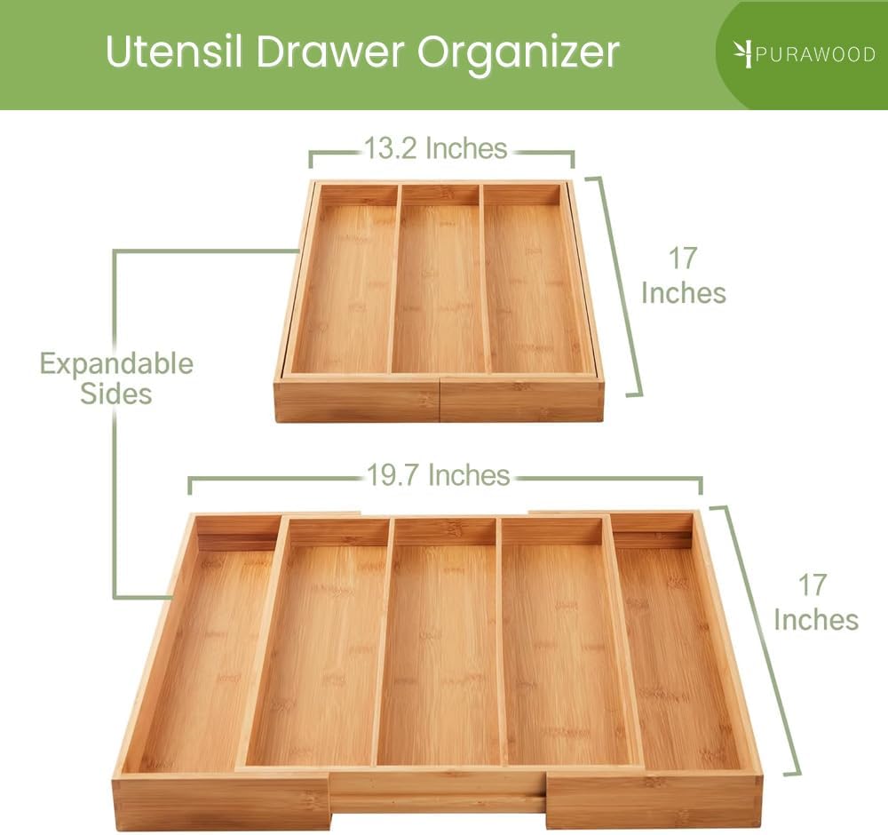 Purawood Kitchen Drawer Organizer - Expandable Utensil Drawer Organizer for Kitchen, Cutlery Tray &