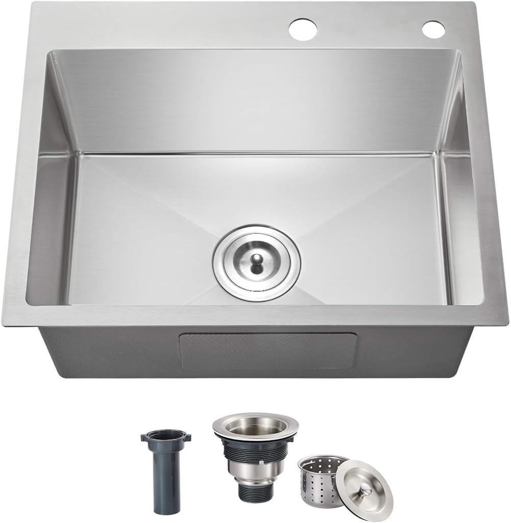 20x16x9 Inch Drop in Kitchen Sink, Handmade 304 Stainless Steel Single Bowl with 2 Holes, R10 Tight