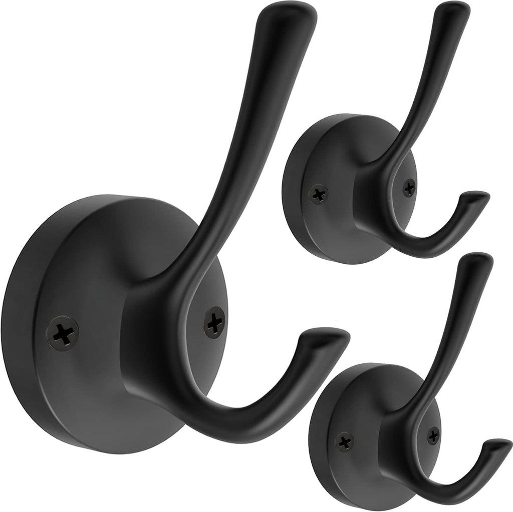 Black Wall Hooks Towel Hooks, 3 Pack Coat Hooks Robe Hook Heavy Duty Metal Double Bath Hook Wall