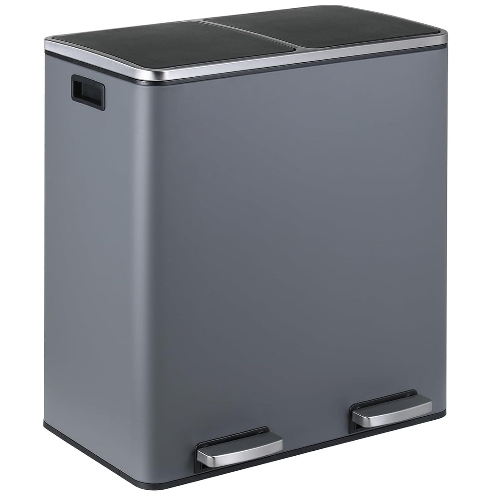 16 Gallon Rectangular Stainless Steel Trash Can, Dual Compartment Garbage Bin with Recycling Combo