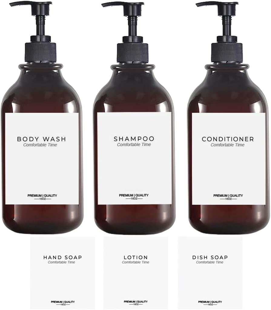 Apothecary Dispenser Bottle for Bathroom and Kitchen - 16oz Plastic Shower Pump Dispensers