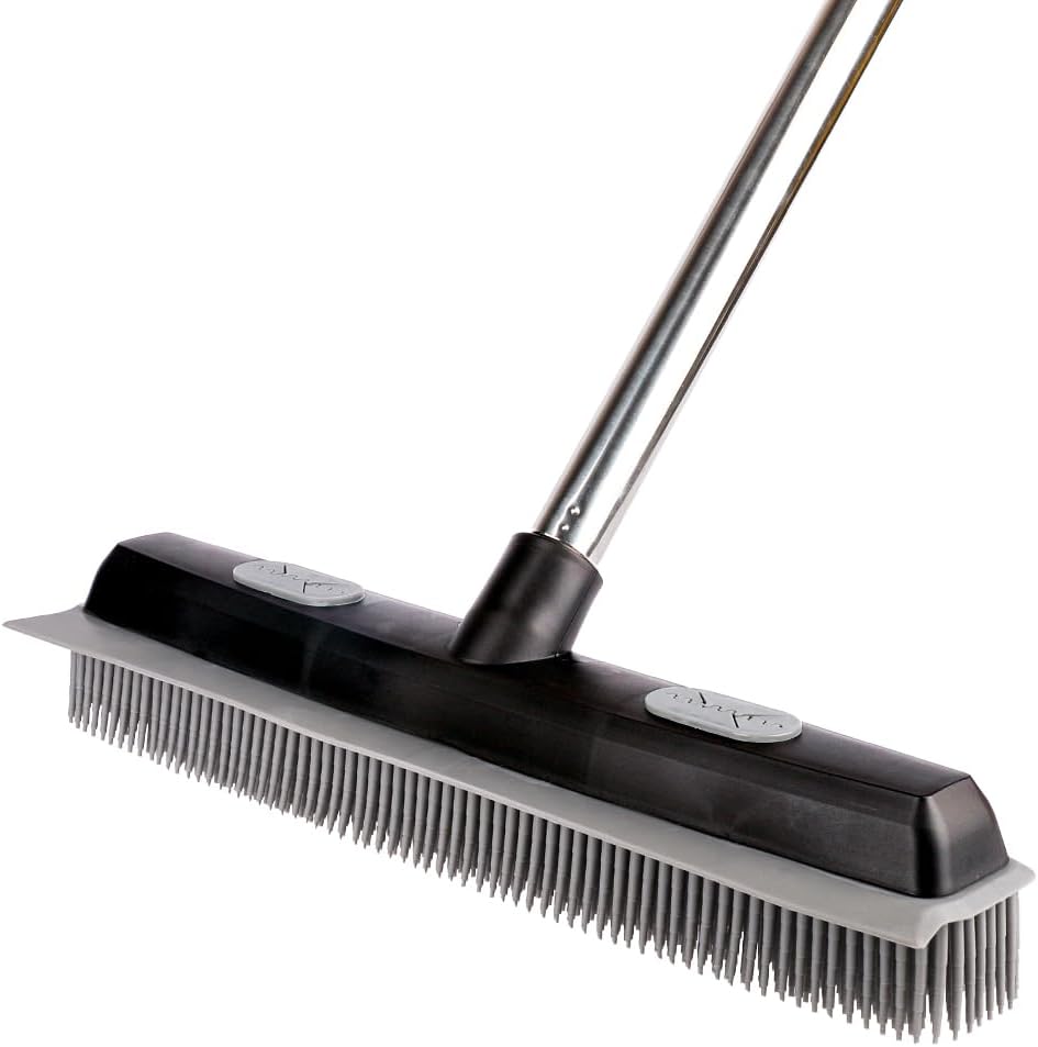 Pet Hair Rubber Broom with Carpet Rake and Squeegee, 2 in 1 Floor Brush for Carpet, 58 inch