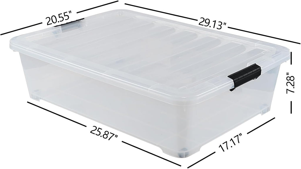 50 Quart Clear Plastic Under Bed Storage Bin with Lid, Underbed Storage Container with Wheels