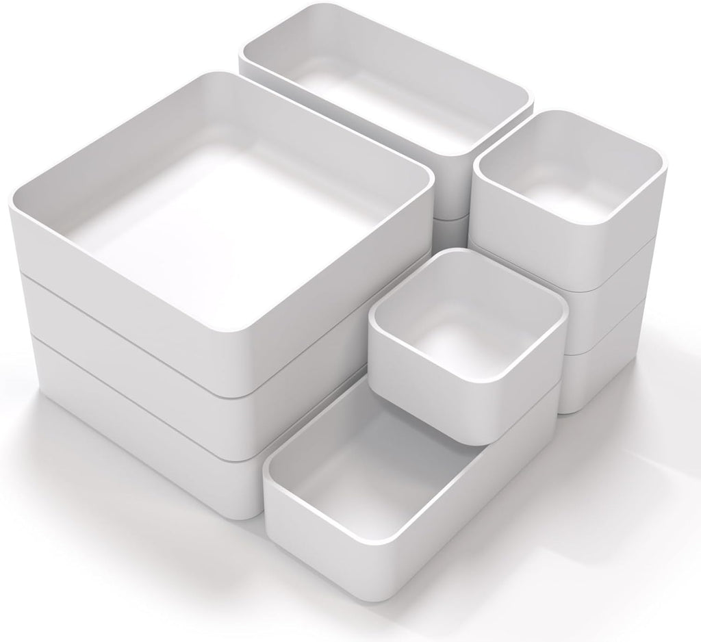 11-Piece Stackable Drawer Organizer Set, Multi-size Desk Drawer Organizer Trays Vanity Storage Bins