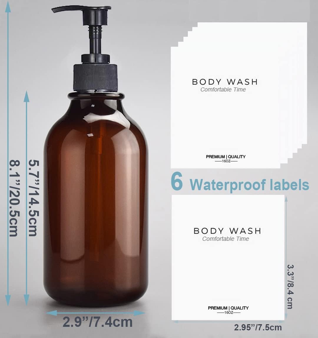 Apothecary Dispenser Bottle for Bathroom and Kitchen - 16oz Plastic Shower Pump Dispensers