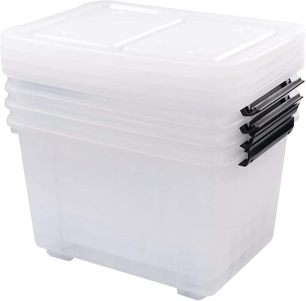4 Packs 30 L Stackable Plastic Storage Bins with Lids and Wheels, Latching Clear Storage Container