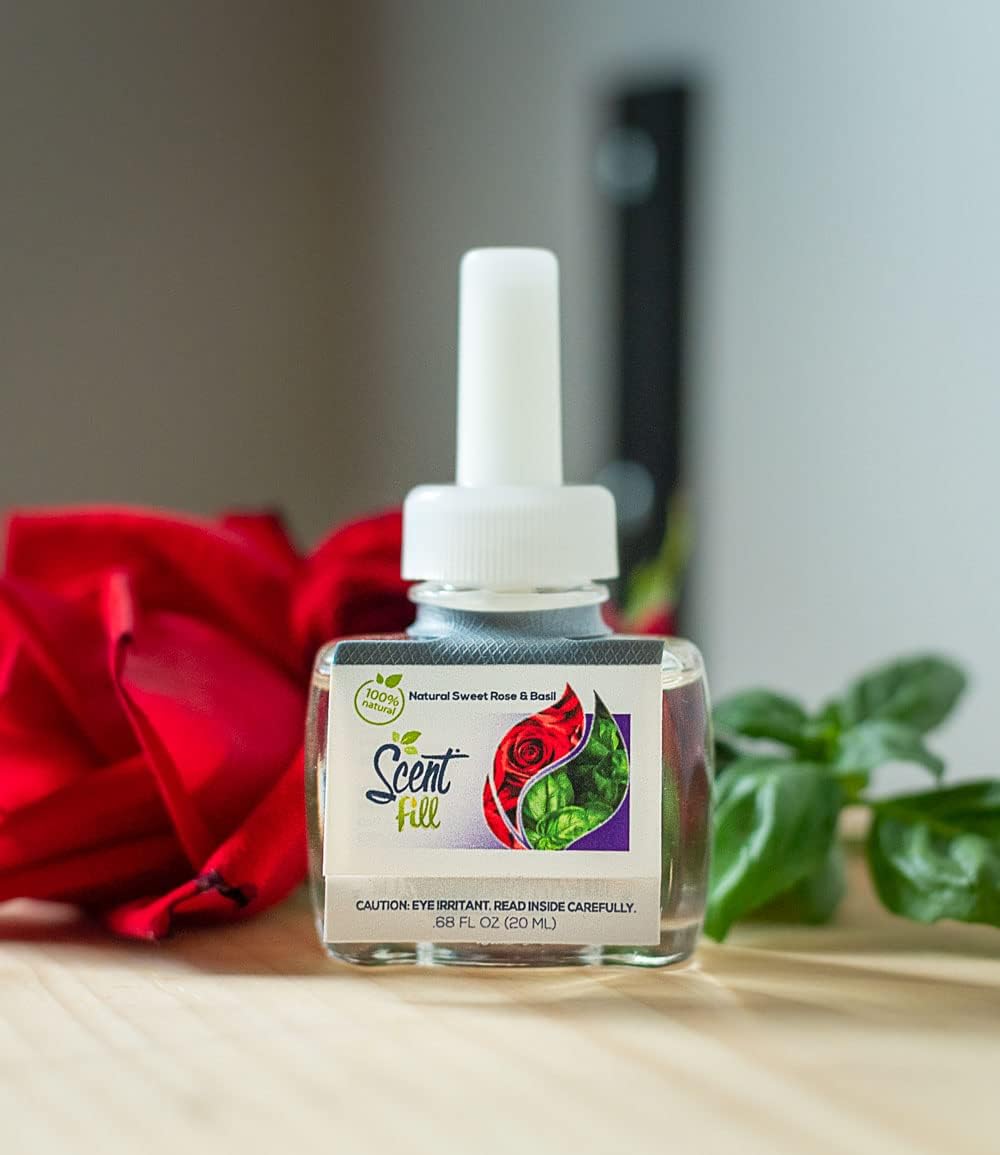 Scent Fill 100% Natural Sweet Rose & Basil Plug in Air Freshener, Scented Oil Refills, 3 Refills