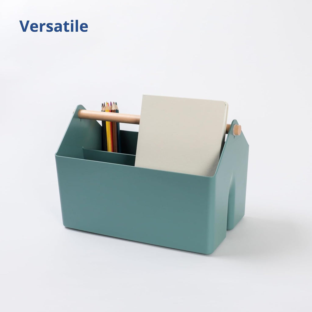 BLUE GINKGO Medium Storage Basket – Plastic Caddy with Wooden Handle for Office, Arts & Crafts, or