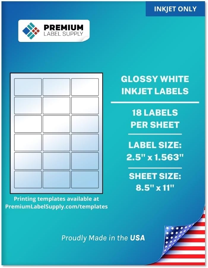 Premium Label Supply Glossy White Sticker Labels – 2.5" x 1.563" – (18 per Sheet) (Glossy White for