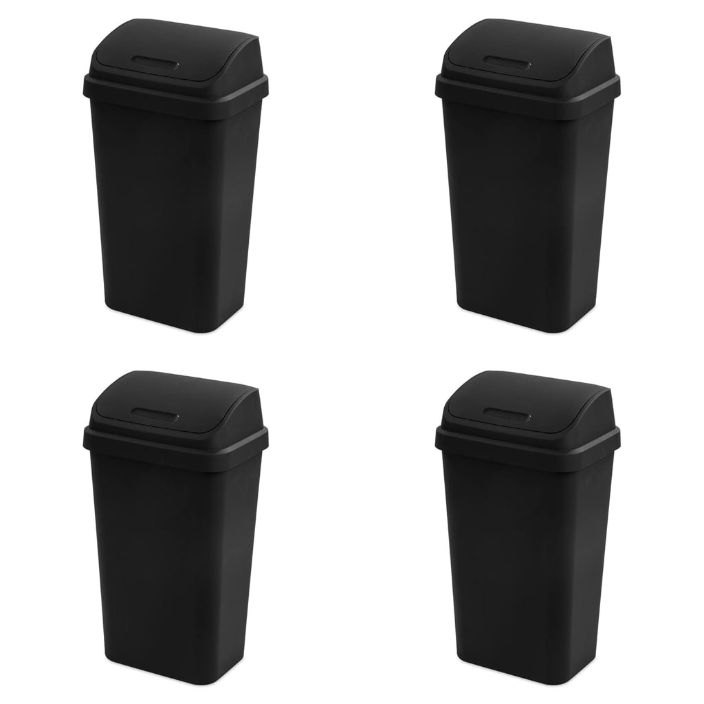 Sterilite 4-Pack Swing Top Wastebasket, Sleek Square Profile Trash Can, 13 Gallon, Black - Modern