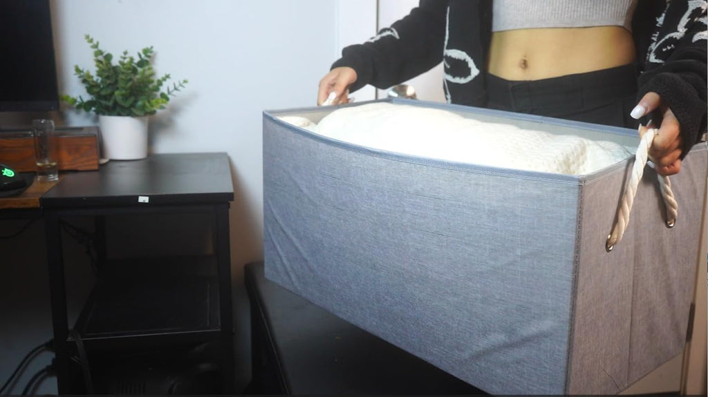 Storage Bins with Rope Handles, Gray Fabric Collapsible Storage Cubes, Large Decorative Storage