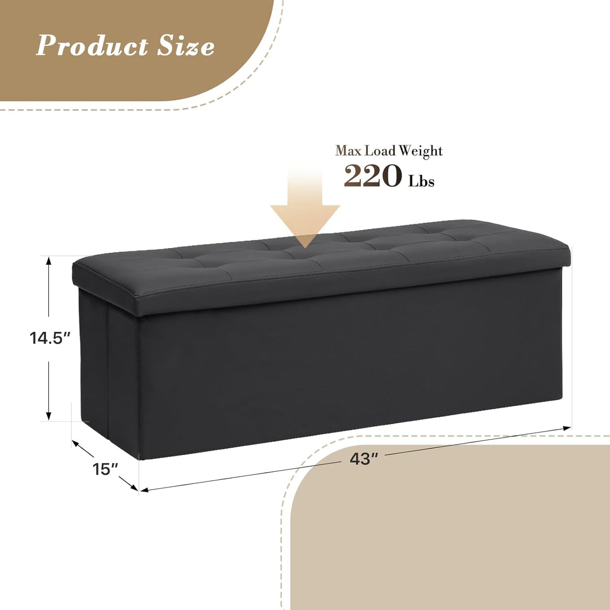 Athena Collection 43" Storage Ottoman Bench Folding Bench with 130L Hidden Storage, Large End of