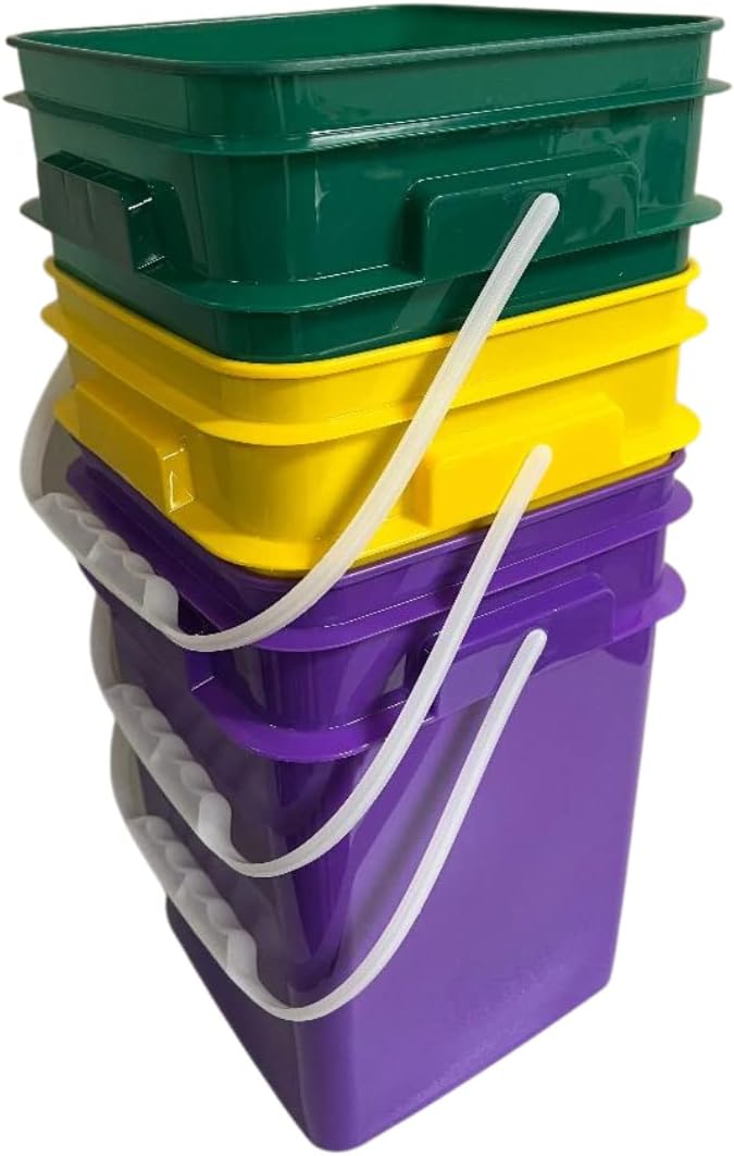 House Naturals 4 Gallon Square Food Grade Bucket Pail with Plastic Handles and Lid (Pack of 3) Made