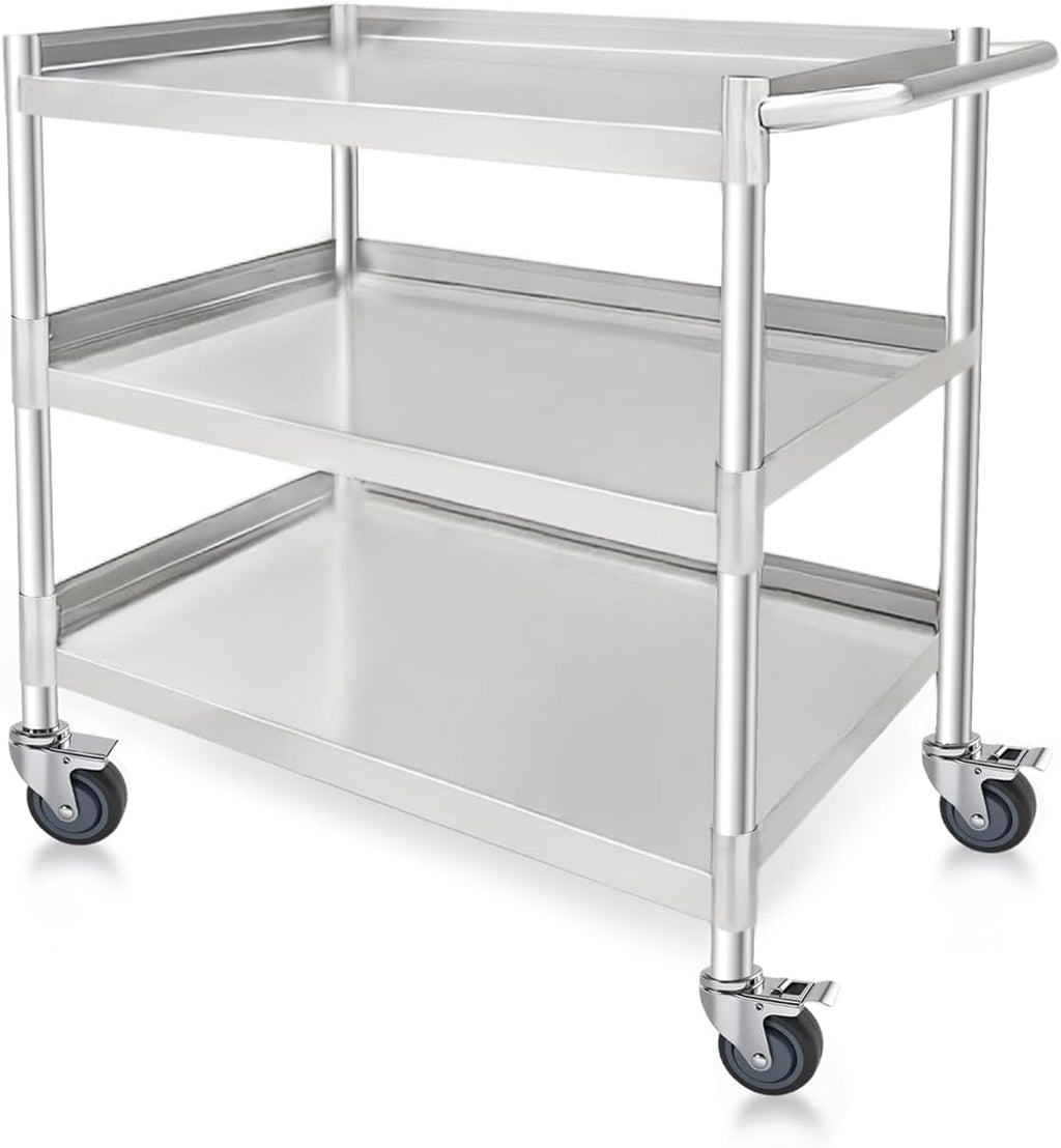 3-Shelf Stainless Steel Rolling Utility Cart - Heavy-Duty Metal Mobile Storage with Handle &