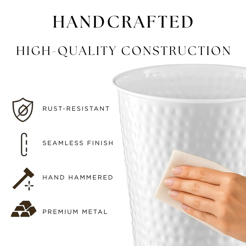 Monarch Abode White Hand Hammered Metal Wastebasket for Home Office Bedroom, Decorative Waste