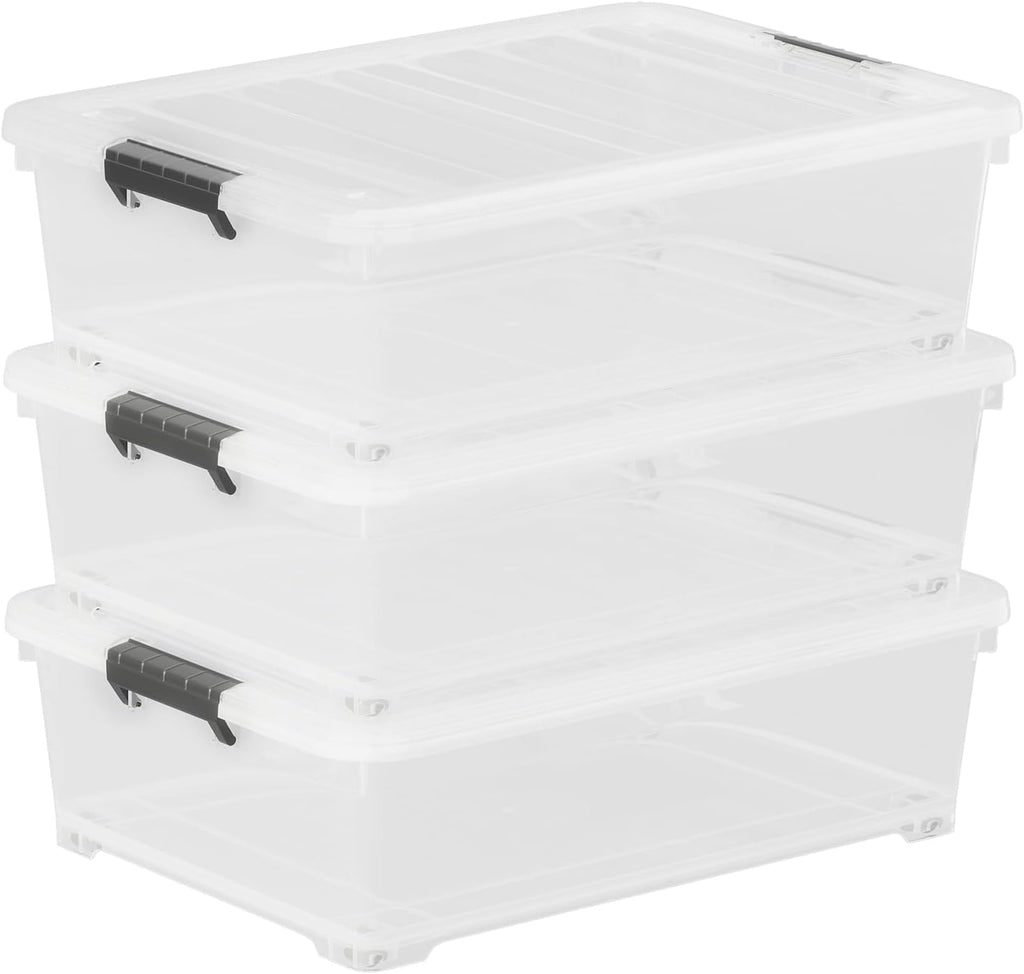 25 Quart Clear Plastic Latch Storage Box with Wheels, Under Bed Storage Box, 3 Pack
