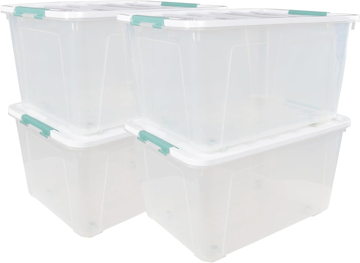 80 L Extra Large Plastic Storage Box, Clear Large Plastic Storage Bins with Wheels, 4-Pack