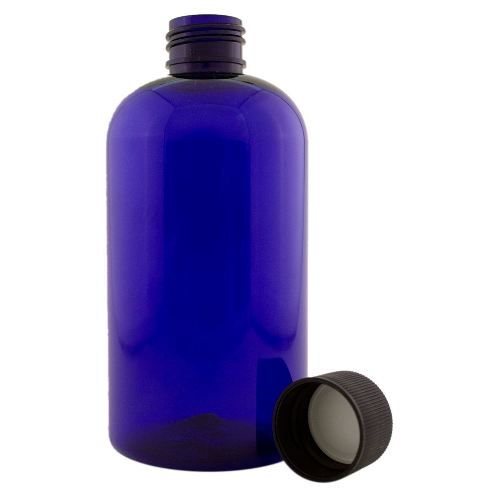 8 fl oz Cobalt Blue Plastic Bottle with Black Cap (24 Pack)
