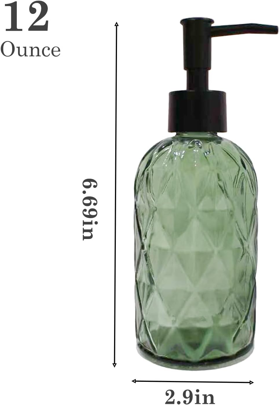 Green Glass Soap Dispenser with Black Plastic Pump, 12Oz Bathroom Clear Liquid Lotion Bottles