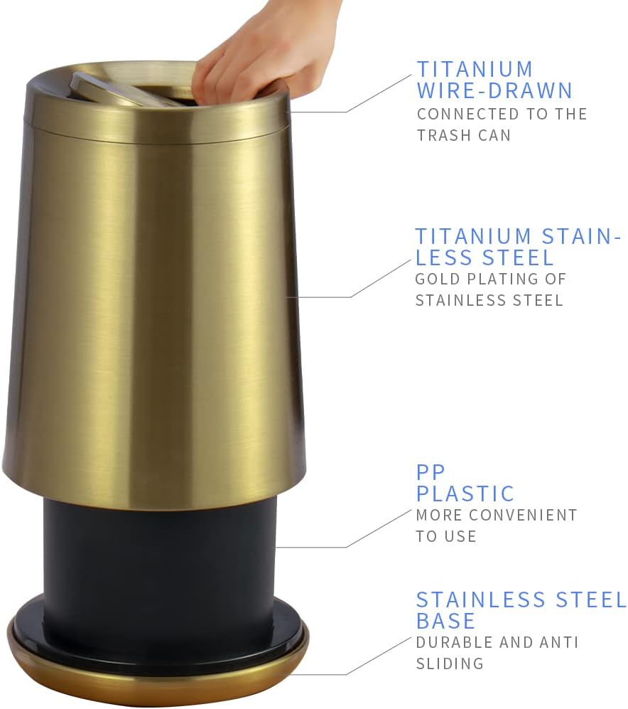 Household Swing Gold Bathroom Trash Can，Brushed Stainless Steel，10 L/3 Gallen，Garbage Can with