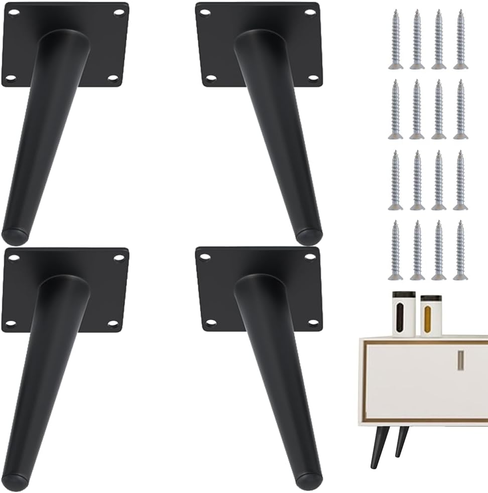 4PCS 6 Inch Matte Black Tapered Angled Legs for Furniture, Metal Mid Century Mordern Feet, Heavy