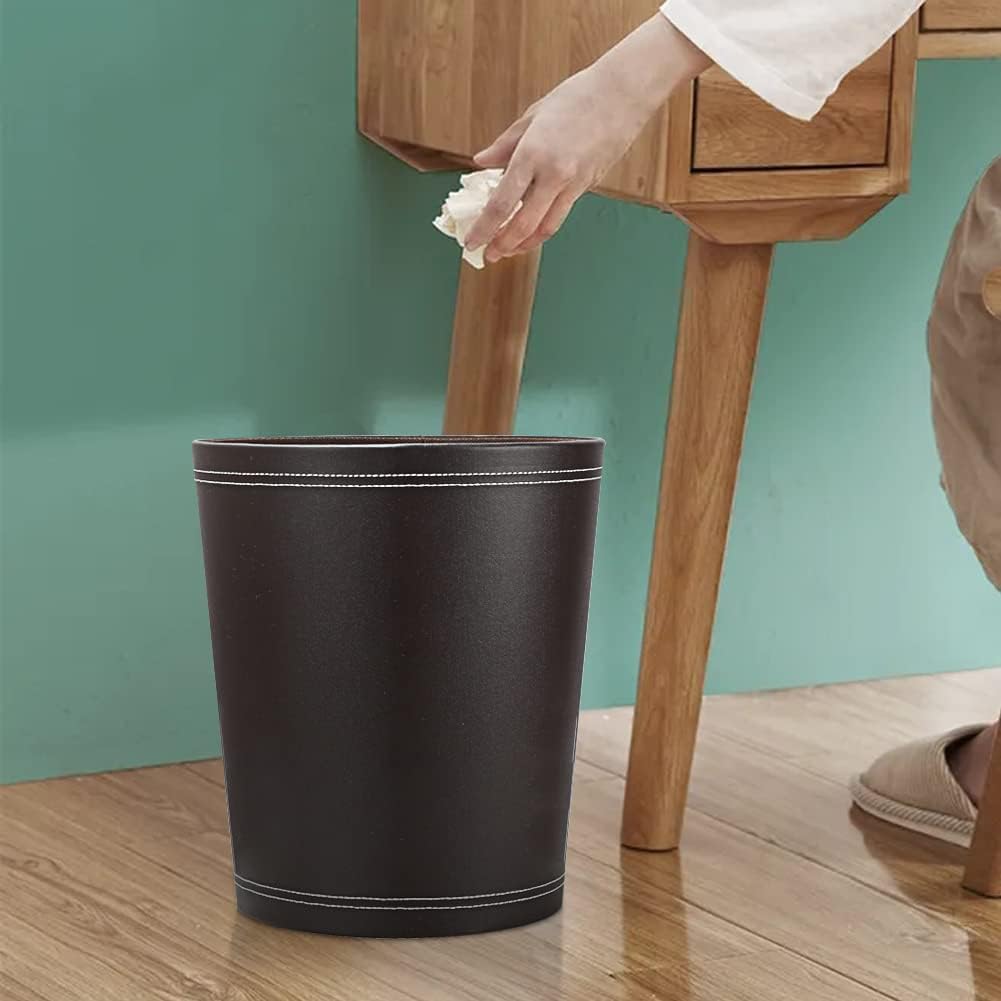 KINGFOM Classic Pu Leather Trash Can Wastebasket, Garbage Container Can for Bathrooms, Powder