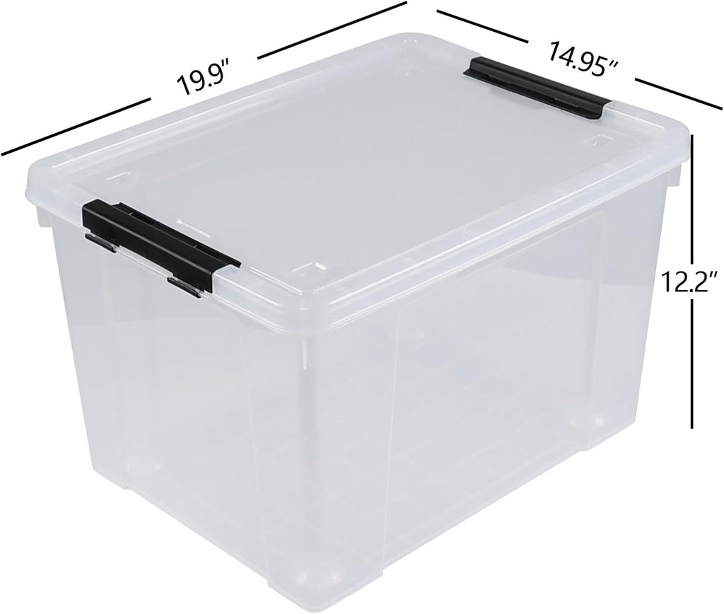 50 L Large Plastic Storage Bins with Latching Lids and Wheels, 4-Pack Clear Stackable Boxes for