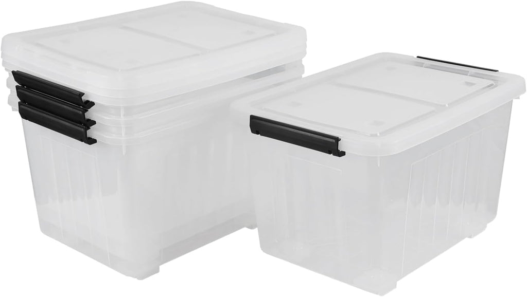 30 Quart Clear Plastic Latch Storage Bins with Wheels, 4-Pack Wheeled Clear Storage Totes