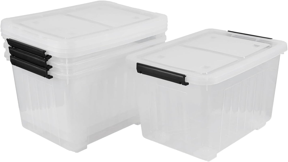 30 Quart Clear Plastic Latch Storage Bins with Wheels, 4-Pack Wheeled Clear Storage Totes