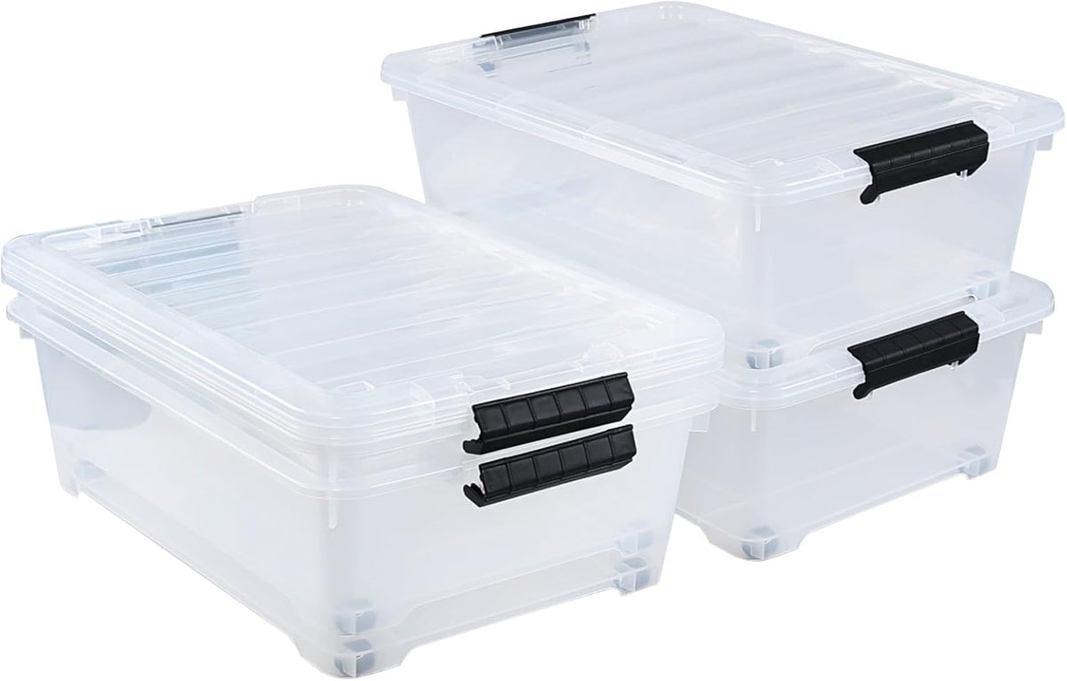 20 Quart Under Bed Plastic Storage Bins, 4-Pack Clear Under Bed Storage Box with Wheels