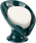 Soap Dish, Ceramic Soap Holder Self Draining Leaf Shape Bar Soap Holder, Marble Look Green Drain