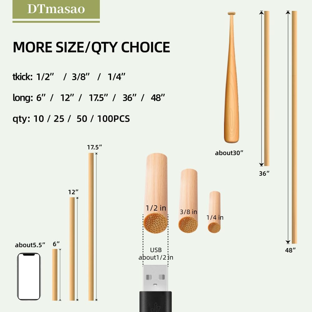 1/2 x 36 Inch 25 PCS Dowel Rods Wood Sticks Wooden Dowel Rods - Unfinished Bamboo Sticks - for