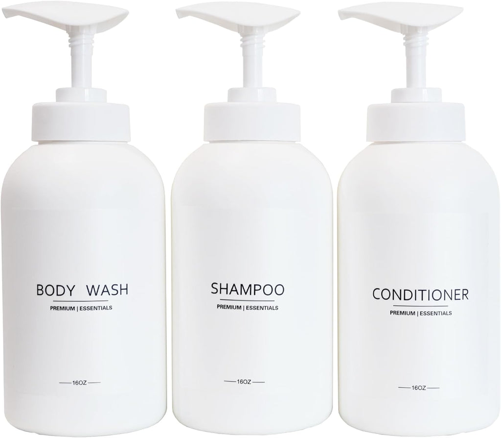 Frosted Pearl White Shampoo and Conditioner Bottles, Refillable Apothecary Dispenser Pump for