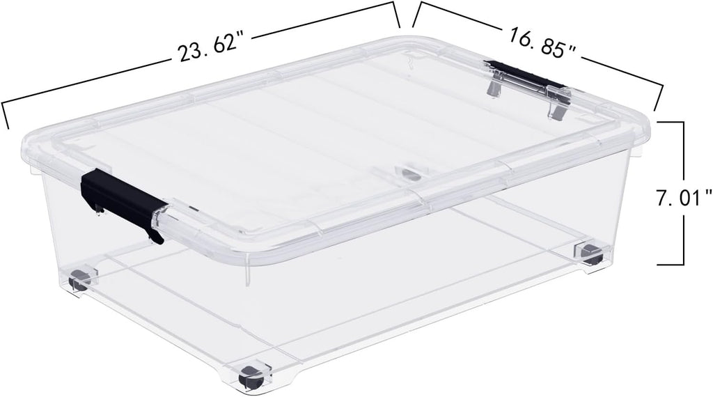 4-Pack 25L Plastic Under Bed Storage Organizer Bin Container with Latch Lids and Wheels, Clothes