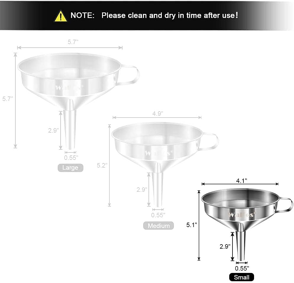 Stainless Steel Funnel, Walfos Kitchen Funnel with 2 Removable Strainer ＆ 1Pc Cleaning Brush