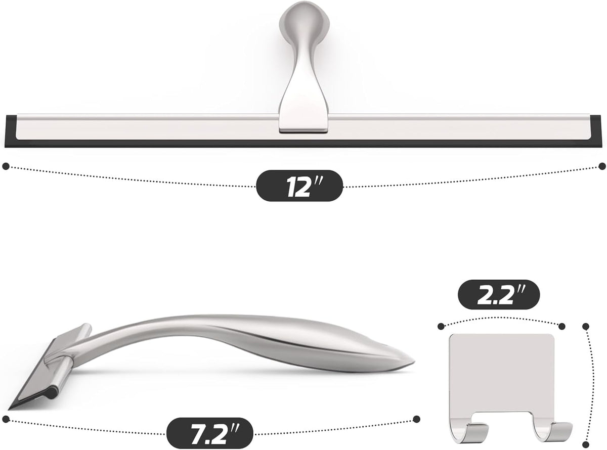 All-Purpose Stainless Steel Shower Squeegee for Glass Doors with Adhesive Hooks, Squeegee for