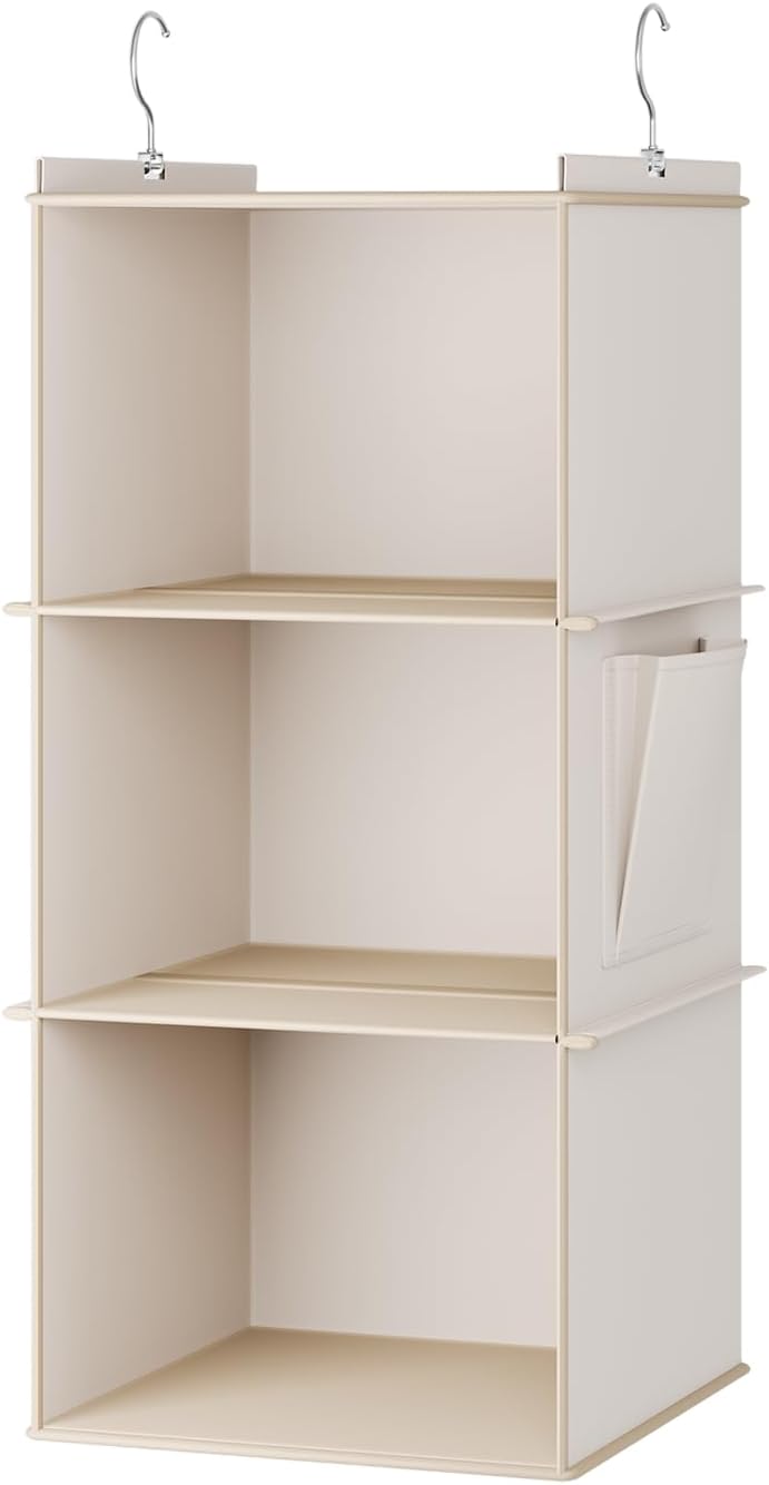 YOUDENOVA Hanging Closet Organizer, 3-Shelf Closet Hanging Storage Shelves, Beige