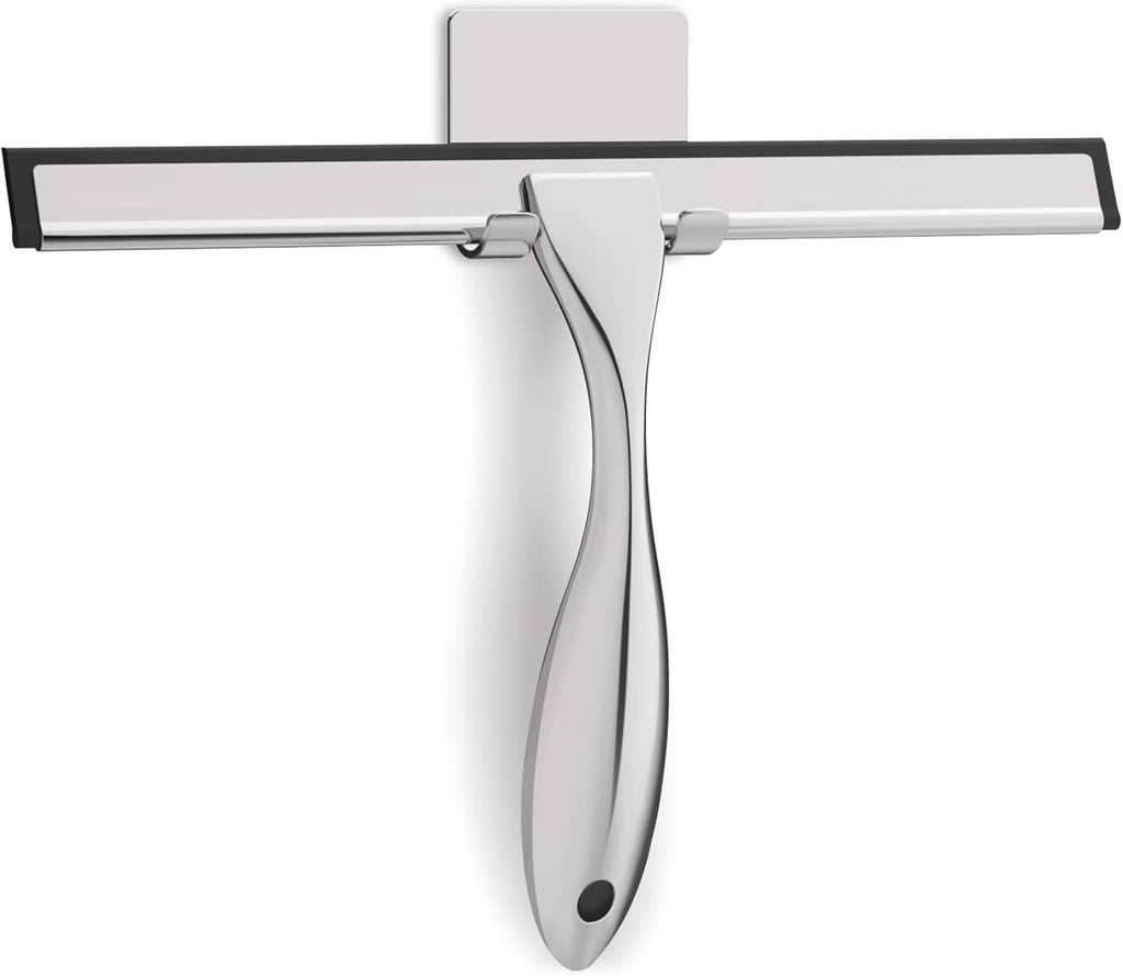 All-Purpose Stainless Steel Shower Squeegee for Glass Doors with Adhesive Hooks, Squeegee for