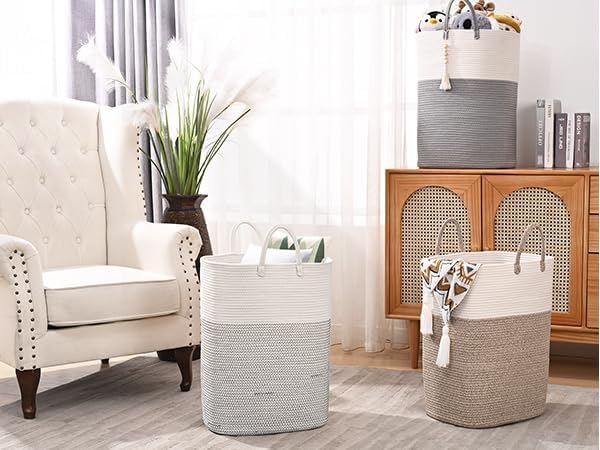 Woven Laundry Basket for Clothes, 50 L Large Rectangle Laundry Hampers with Beads Tassel, Nursery
