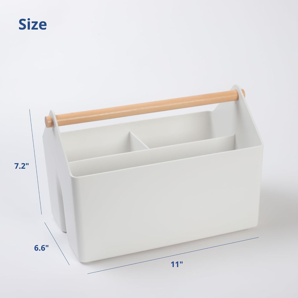 BLUE GINKGO Medium Storage Basket – Plastic Caddy with Wooden Handle for Office, Arts & Crafts, or