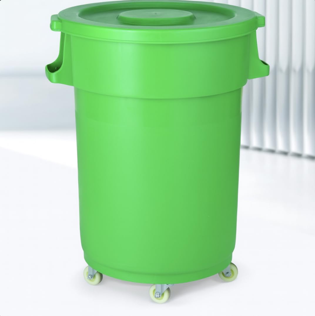 32-Gallon Round Commercial Trash Can with Lid and Dolly – Heavy-Duty Plastic Garbage Bin for
