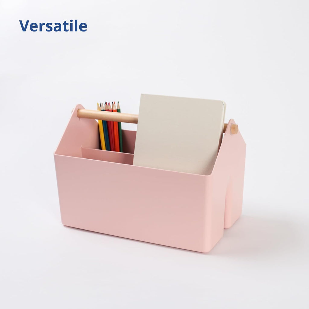 BLUE GINKGO Medium Storage Basket – Plastic Caddy with Wooden Handle for Office, Arts & Crafts, or
