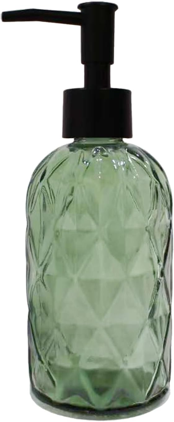 Green Glass Soap Dispenser with Black Plastic Pump, 12Oz Bathroom Clear Liquid Lotion Bottles