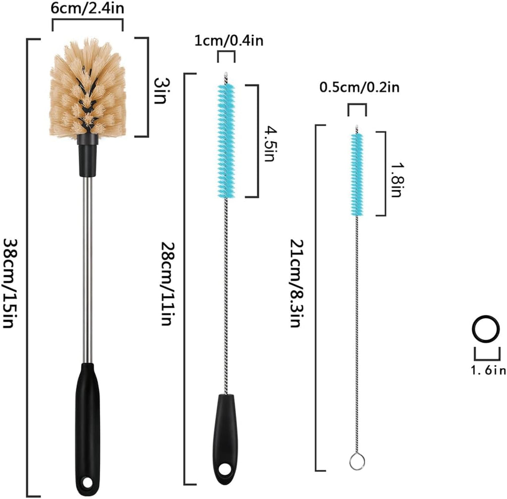 3 in 1 Stainless Steel Long Handled Water Bottle Brush Set, Kitchen Scrubber Cleaning Brush for