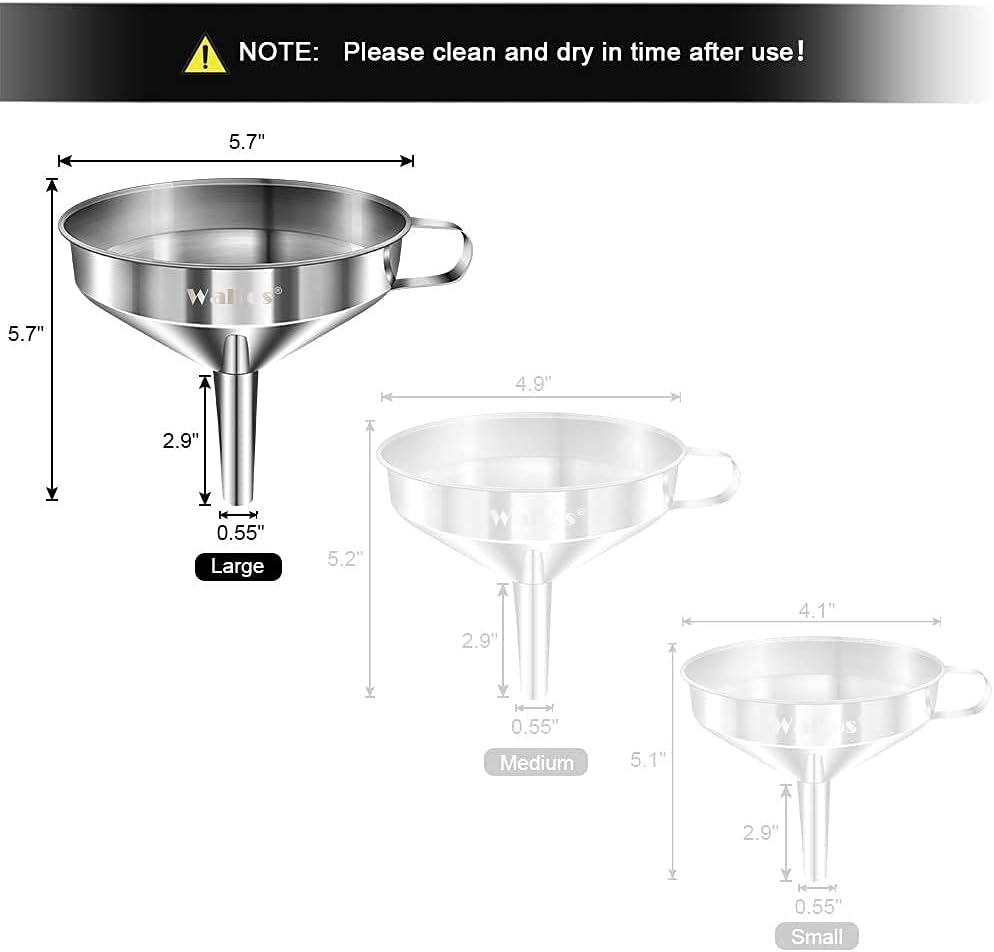 Large Stainless Steel Funnel, Walfos Kitchen Funnel with 2 Removable Strainer ＆ 1Pc Cleaning Brush